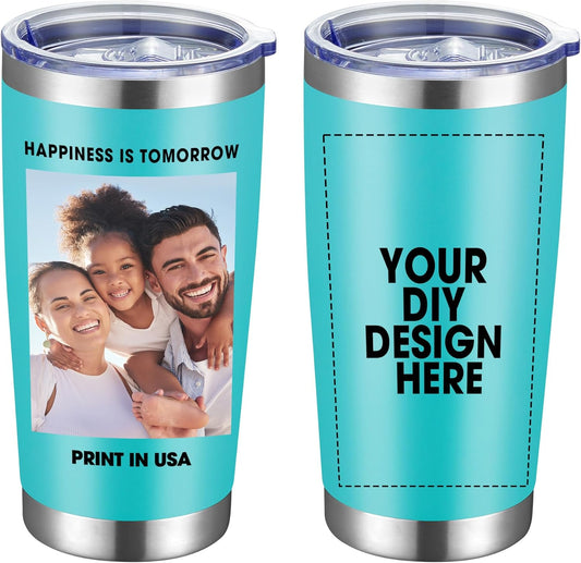 Personalized Custom Tumbler Print in USA 20oz Stainless Steel Coffee Cup with Lid & Straw Double Wall Insulated Tumbler with Colorful Text Logo Photo