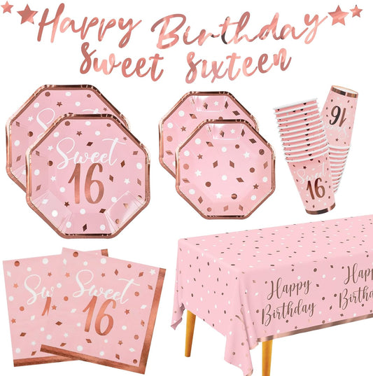Rose Gold & Pink Sweet 16 Birthday Bundle: Party Supplies Set with paper Plates, Napkins, Cups, Tablecloth & Banner - Sweet Sixteen Decorations, Party Favors ，Serves 25