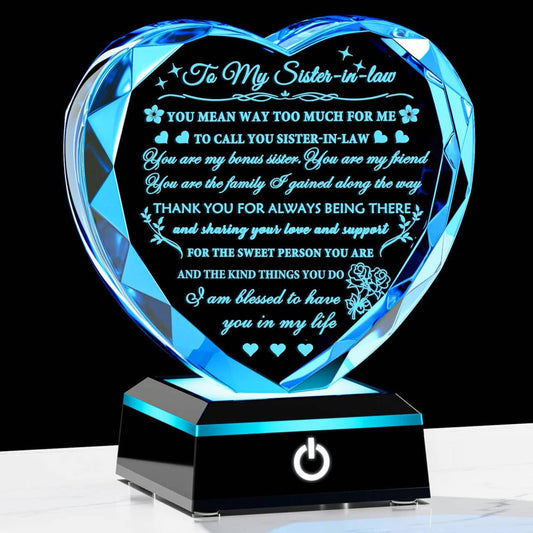 Meaningful Sister in Law Gifts with Colorful LED Base Wedding Birthday Gifts for Sister in Law Heart Crystal Keepsake Gift Ideas for Mother's Day Christmas Thanksgiving
