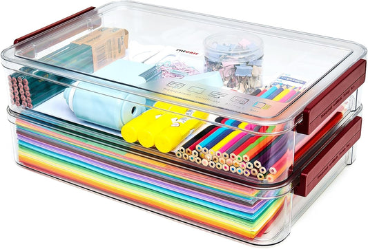 5.5qt Portable Project Case 9 X 13 Clear Stackable Plastic Storage With Lids Organizer Containers File Box For Letter A4 Paper Photo Documents Scrapbook Craft Art School Supplies, 2 Pcs
