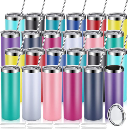 Skinny Tumblers Bulk 20 oz Stainless Steel with Lids and Straws Blank Slim Insulated Cup Double Layer Water Cups for Travel, DIY(Mixed Colors,24 Pcs)