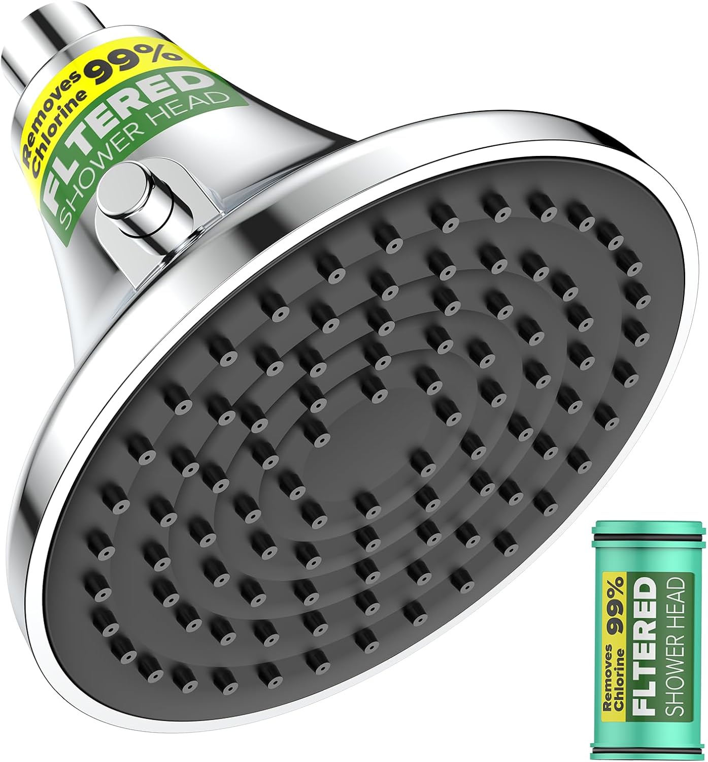 Filtered Shower Head - High Pressure Rain Shower Heads with Filter for Hard Water -Water Softener Filters Beads to Remove Chlorine, 1-Min Install, One-Button Filter Replacement