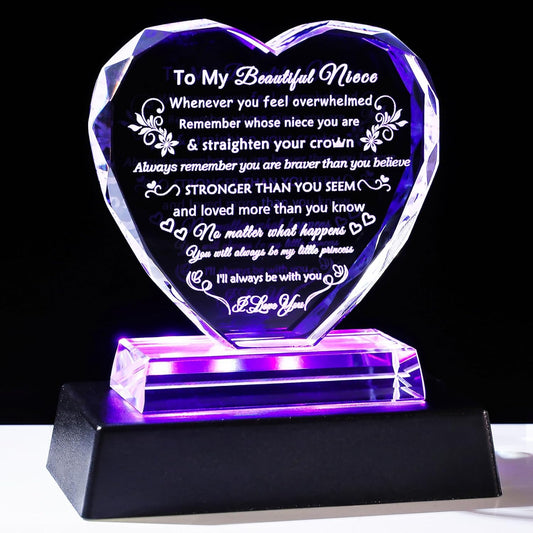 YWHL Niece Gifts from Auntie Uncle Inspirational Birthday Graduation Gifts for Niece Crystal heart keepsake with Light Base to My Niece Gifts Christmas Valentine Day Mothers Day Present from Aunt