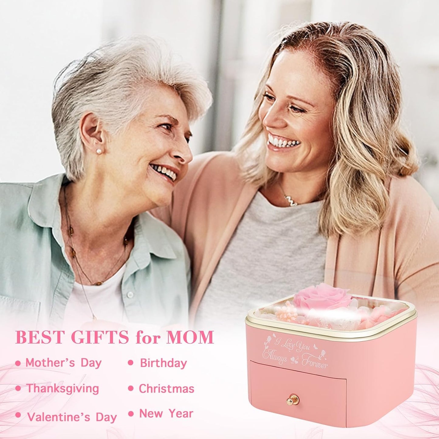 Preserved Roses Jewelry Box with Heart Necklace - Eternal Rose & ‘I Love You Always & Forever’ Engraving - Luxury Gift for Mom, Wife, or Grandma on Mother’s Day