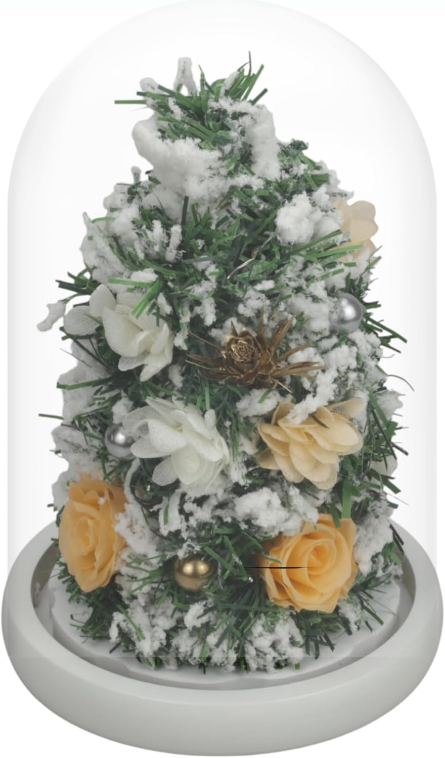Mini Christmas Tree Preserved Flower in Glass Dome w/Light - Flowers Forever Christmas Table Decor, Long Lasting Eternal Flowers w/Thick Gift Box & Bow, Unique Gift - Snow