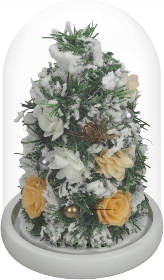 Mini Christmas Tree Preserved Flower in Glass Dome w/Light - Flowers Forever Christmas Table Decor, Long Lasting Eternal Flowers w/Thick Gift Box & Bow, Unique Gift - Snow