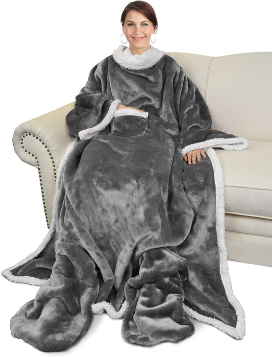 Catalonia Sherpa Wearable Blanket with Sleeves & Foot Pockets for Adult Women Men, Comfy Snuggle Wrap Sleeved Throw Blanket Robe, Gift Idea, Grey