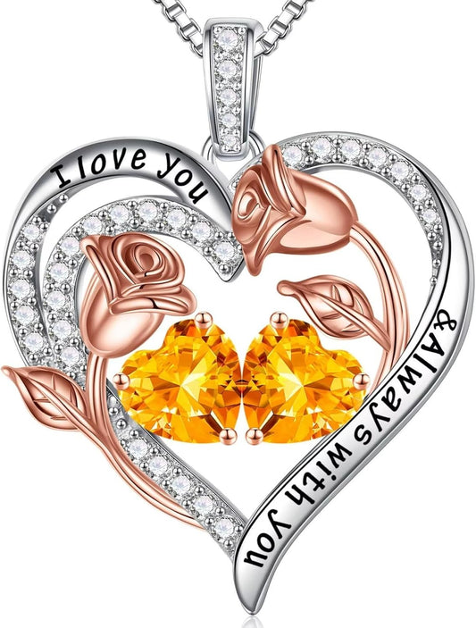 Iefil Birthstone Necklace for Women - 925 Sterling Silver Rose Heart Birthstone Necklace Birthday Anniversary Jewelry Gifts for Her Wife Mom Daughter