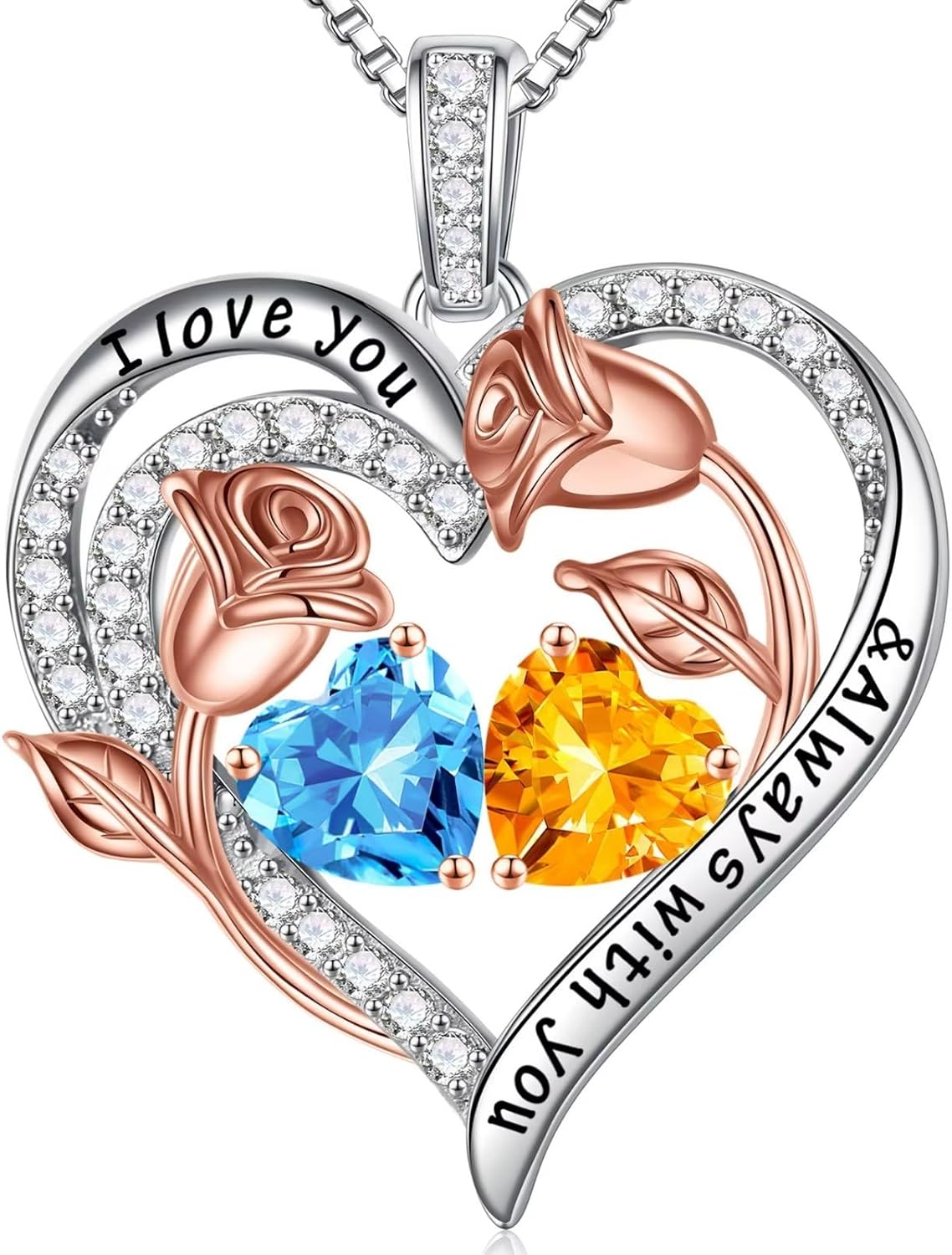 Iefil Birthstone Necklace for Women - 925 Sterling Silver Rose Heart Birthstone Necklace Birthday Anniversary Jewelry Gifts for Her Wife Mom Daughter