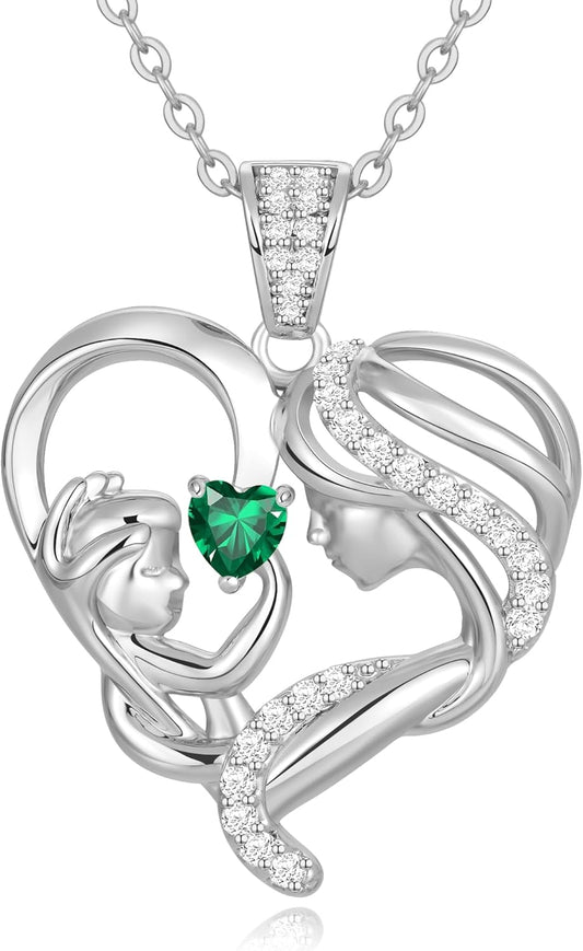 Mothers Day Gifts for Mom Wife Her Grandma, S925 Sterling Silver Birthstone Necklaces Jewelry for Women, Mother's Day Love Heart Pendant Necklace for Anniversary Birthday Christmas Day