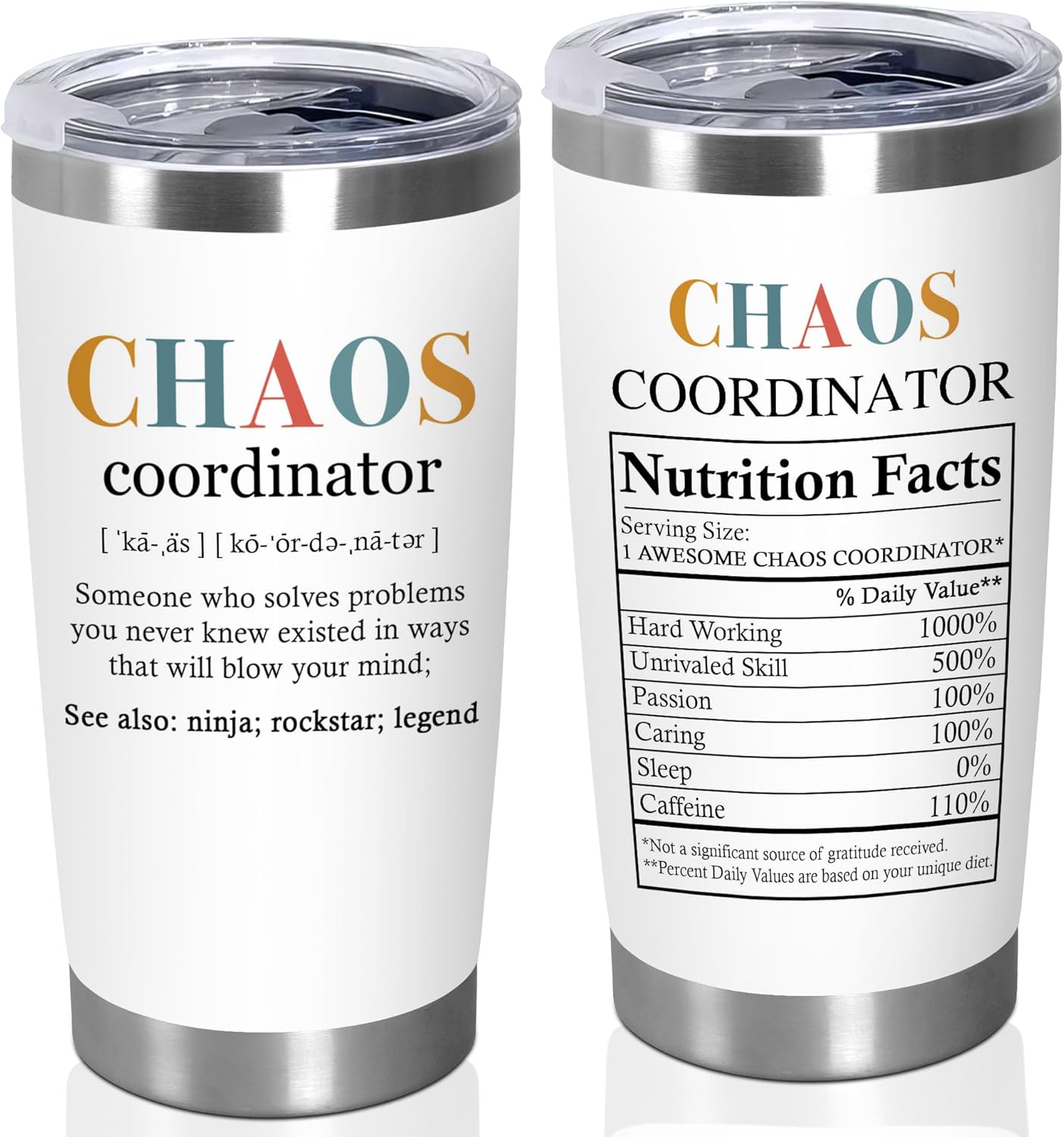 TEEZWONDER Appreciation Gifts For Coworkers - Chaos Coordinator Insulated Coffee Tumbler with Lid 20 oz - Teacher Retirement Thank You Birthday Gifts for Women Friends Coworkers Boss Employee