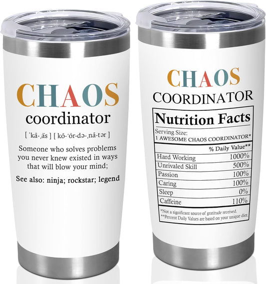 TEEZWONDER Appreciation Gifts For Coworkers - Chaos Coordinator Insulated Coffee Tumbler with Lid 20 oz - Teacher Retirement Thank You Birthday Gifts for Women Friends Coworkers Boss Employee