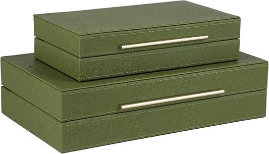 HofferRuffer Faux Leather Decorative Boxes Set of 2, Large Nesting Keepsake Box Accessory Organizer Jewelry Organizer with Hinged Lid, Stacking Storage Box Container for Home or Office (Green)