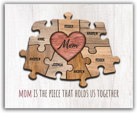 Personal-Prints MOM & Children Personalized HEART Puzzle Wall Art | Unique Customized with up to 8 Names | Mother’s Day, Birthday or Christmas Gift (16"x20" Stretched Canvas, 7 Children)