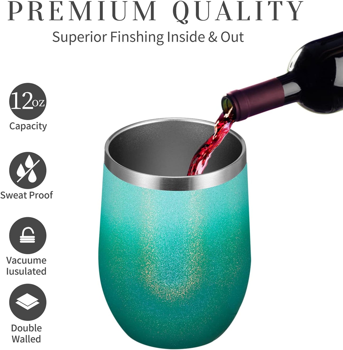 MEWAY 12oz/12 Pack Wine Tumbler Glasses with Lid - Stemless Double Wall Vacuum Stainless Steel Glitter Tumbler - Keeping Cold & Hot Cup for Coffee,for Women(Gradient Blue,Set of 12)