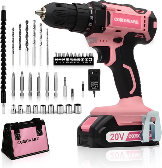 COMOWARE Cordless Drill Set, 20V Pink Power Drill Set for Women, 1 Battery & Charger, 3/8" Keyless Chuck, 2 Variable Speed, 266 In-lb Torque, 25+1 Position, with Pink Storage Bag