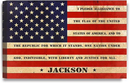 IPIC - American Flag, Personalized Canvas print with Family Name and Oath, Custom Canvas Wall Art for Independent Day, Thanksgiving and Christmas. 30x20