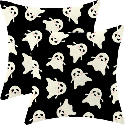 Halloween Decor Pillow Covers 18x18 Pack of 2 Black Beige Cute Ghost Throw Pillow Covers Outdoor Decoration,Fall Holiday Ghost Pillowcase Linen Decorative Cushion Case for Home Sofa Couch