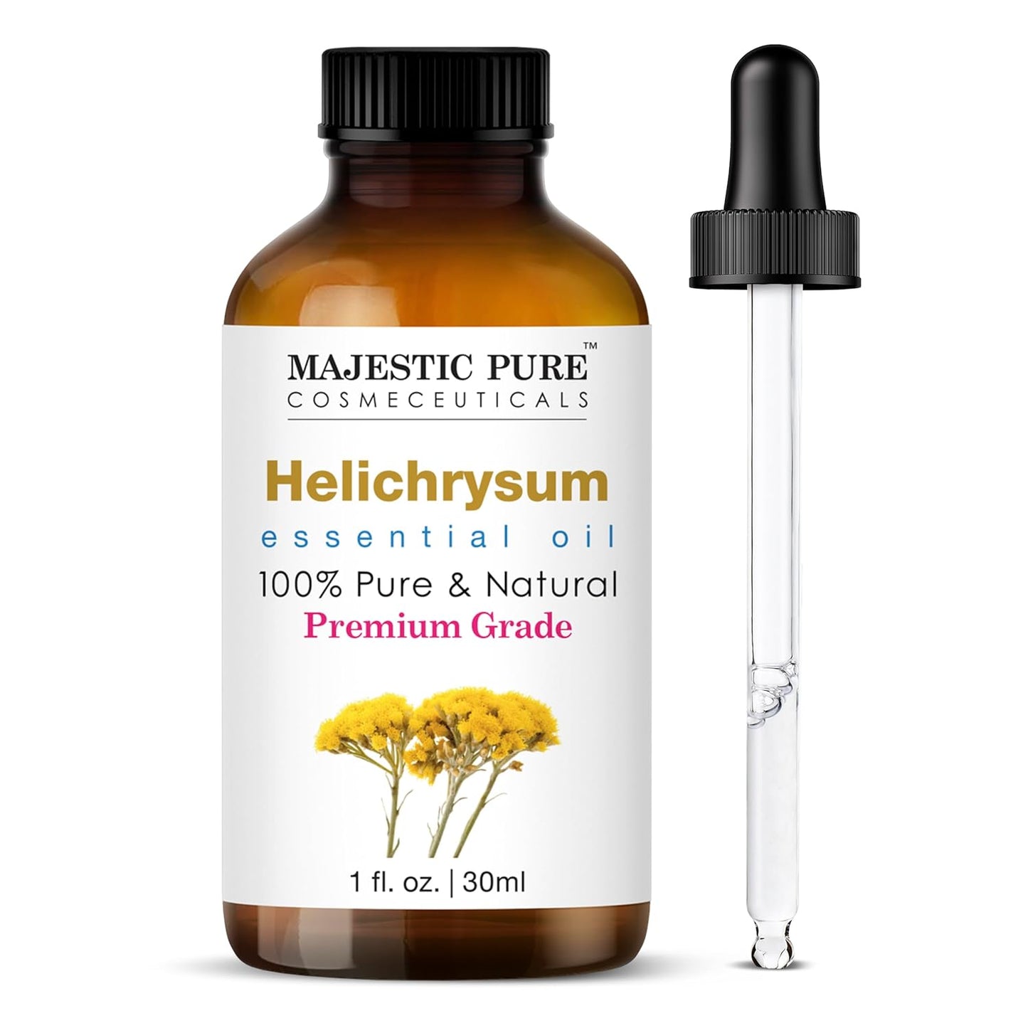Majestic Pure Helichrysum Essential Oil with Glass Dropper - 1 Fl Oz - 100% Pure and Natural Helichrysum Oil - Premium Grade Essential Oils for Diffuser, Aromatherapy, Soap and Candle Making