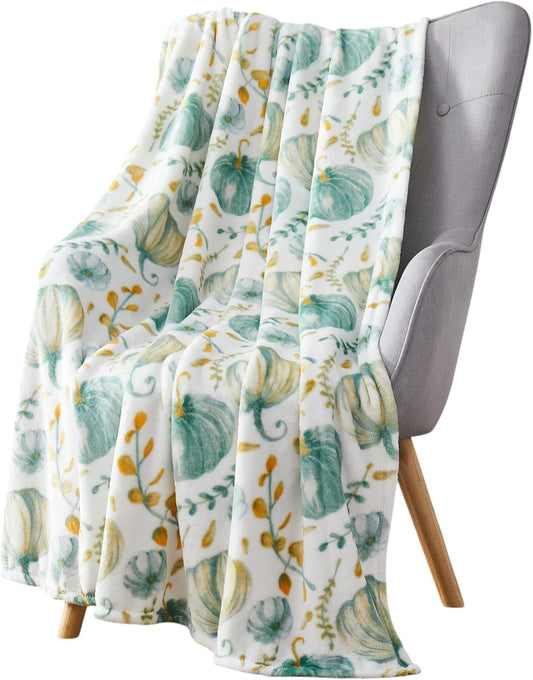 Velvety Soft Fall Home Decor Pumpkin Fleece Throw Blanket Thanksgiving Cozy Fuzzy Autumn Teal Blue Green Yellow on White Background for Couch Bed Sofa, 70 x 50 Inch