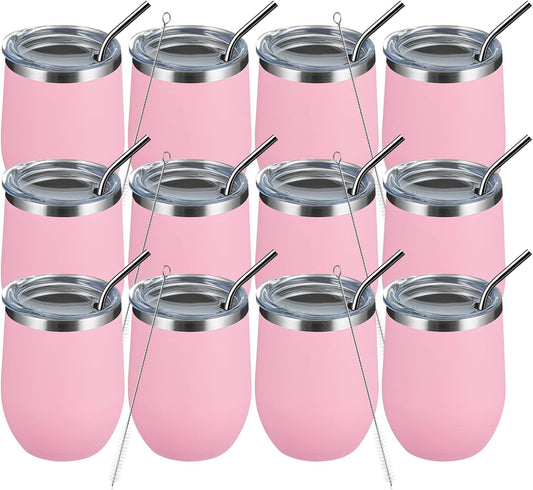MEWAY 12oz/12 Pack Wine Tumbler Glasses with Lid -Double Wall Vacuum Stainless Steel Travel Tumbler Mug,Stemless Insulated Wine Cup for,Coffee,Cocktails,Gifts (Pink,Set of 12)