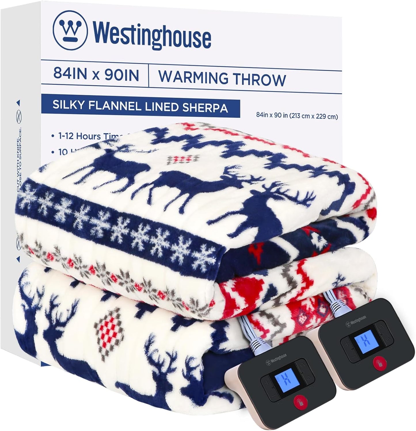 Westinghouse Electric Blanket Queen Size, Soft Flannel to Sherpa Heated Blanket with10 Heating Levels & 1 to 12 Hours Heating Time Settings, Fast Heating, Machine Washable, 84 * 90 Inch