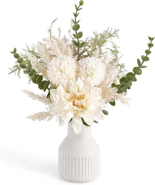 Mkono Small Artificial Flowers in Ceramic Vase 13.5" Centerpieces Coffee Table Decor, Silk Flower Arrangements for Home Decor Indoor Fake Flower Bouquet for Dining Room Kitchen Wedding, White