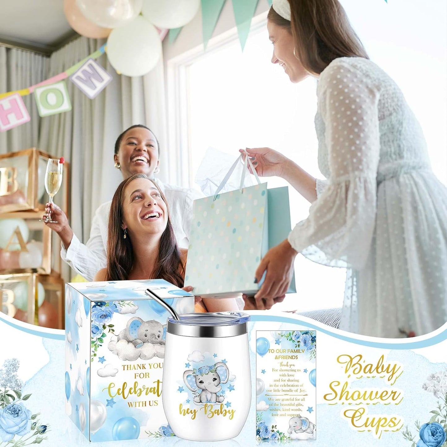 Hoolerry 6 Set Baby Shower Game Prizes for Guests Winners 12 oz Insulated Stainless Steel Tumbler Cup with Lids, Straws, Cleaning Brush, Cards & Boxes Return Gifts(Blue,Elephant)