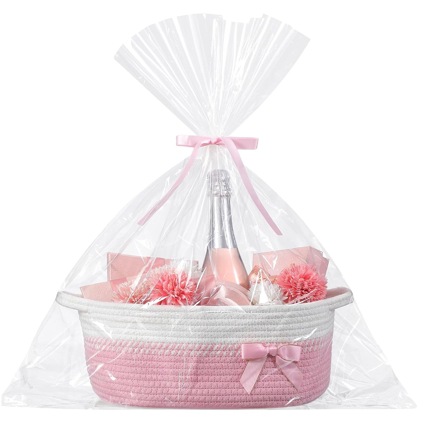 Colingmill Woven Gift Basket Empty with Ribbons Bow Tie and Bag, Empty Decorative Chest Box, 14" X10" x 5.5", Woven Rope Basket Storage for Gifts with Handles Home Decor(Pink White)