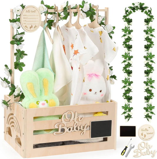 Wooden Baby Shower Crate Closet, Baby Shower Basket with Name Plate, Wooden Sign, Garland, Easy Assembly Baskets for Newborn Boys Girls, Pregnancy Gifts for New Parents (Small Size)