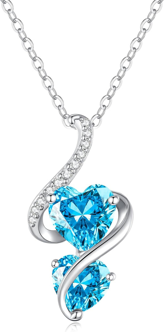 LOUISA SECRET Unique Double Heart Necklace Gifts for Wife Women, 925 Sterling Silver Tiny Birthstone Pendant Jewelry Gift for Her Girlfriend Mom Valentine's Day Anniversary Mother's Day Birthdays & Christmas