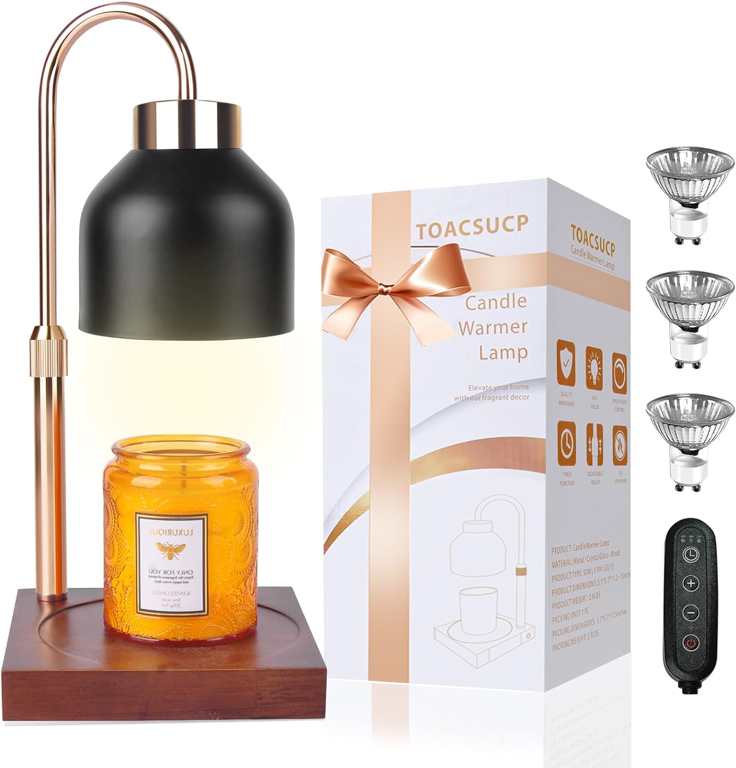 Candle Warmer Lamp with 3 Bulbs, Adjustable Height Dimmable Candle Warmer with Timer, Compatible with Large Jar Candles, Candle Lamp with Charming Gift Box Ribbon for Her/Him(Black)