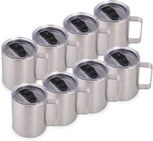 Volhoply 14oz Insulated Stainless Steel Coffee Mug with Lid Bulk 8 Pack,Double Wall Vacuum Travel Coffee Cup with Handle,Reusable Metal Cups Tumbler,Camping Mugs Keep Hot,Ideal Gifts(Silver,8)