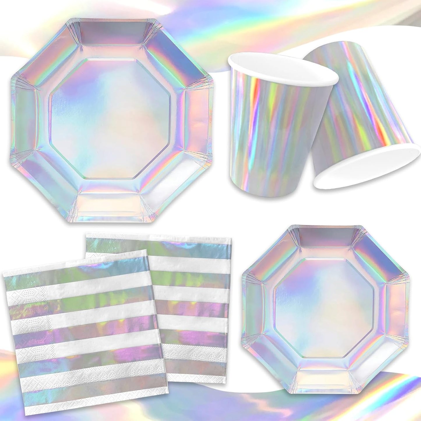 Iridescent Party Supplies - Disposable Paper Plates, Cups, Napkins, Tablecloth & Banner - Ideal for Mermaid Themed Events & Birthday or Wedding Party Decoration - Serves 25