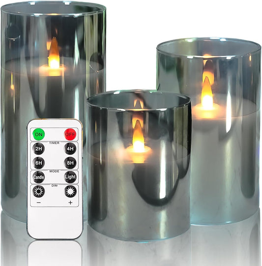 NICEME Grey Glass Flamelss Candles with Remote, Evanescing Radiance Flickering Pillar Candles Battery Operated Real Wax LED Candles in Glass Jars for Christmas Wedding Home Decor D3 x H4 5" 6"