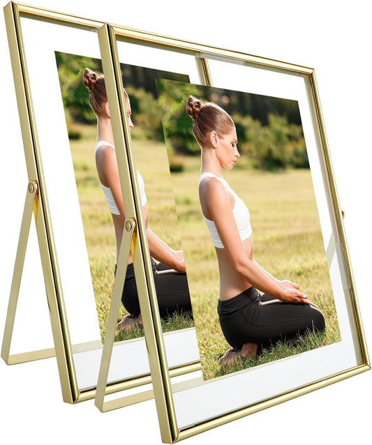 Gold Floating Frame, 6"×8", Vertical, 2 Set, For Picture 5x7,4x6,3x5, Tabletop Shelf Photo Frames, Classy Gift For Anniversary, Wedding or Birthday