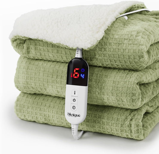 Heated Blanket Electric Throw Waffle, 50x60 Inches Sherpa Fleece Fast Heating Blanket 6 Heating Levels & 4 Hours Auto Off ETL Certification, Sage Throw