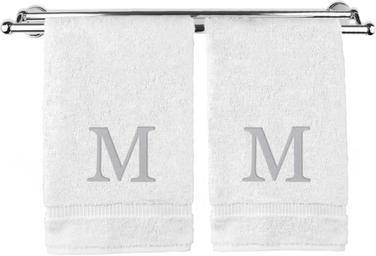 Monogrammed Hand Towel, Personalized Gift, Set of 2- Silver Block Letter Embroidered Towel - Extra Absorbent 100% Turkish Cotton - Soft Terry Finish - Initial M White