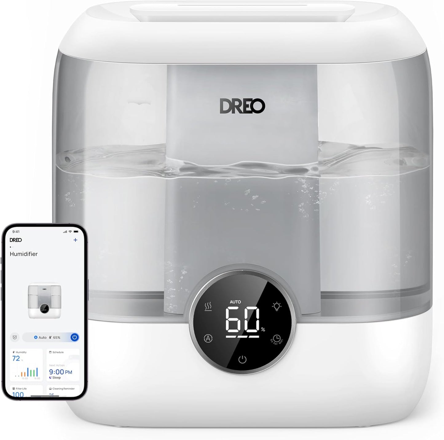 Dreo Smart Humidifiers for Bedroom, 6L Top Fill Supersized Cool Mist Humidifier for Large Room, 60 Hour Runtime, Quiet Ultrasonic Humidifiers for Plants, Baby, Nursery, Indoor, Home, Night Light, Gray