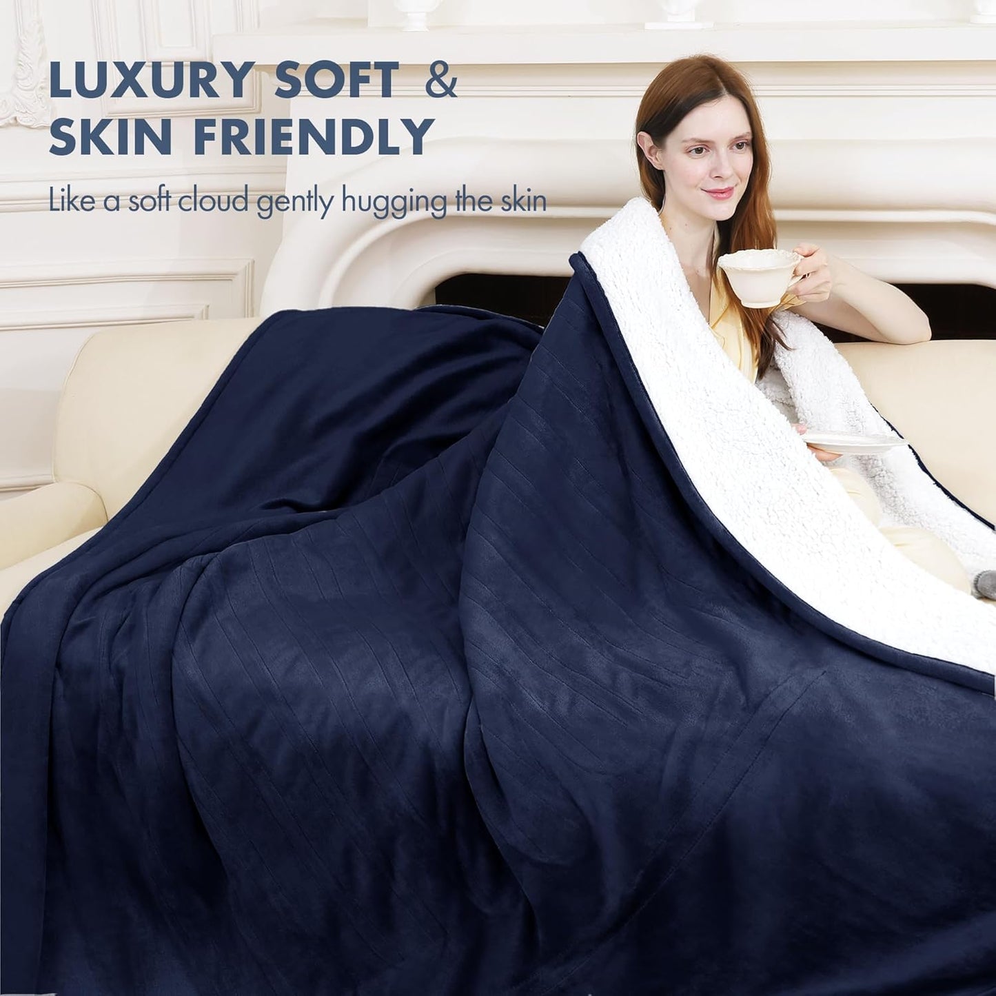 Heated Throw 50" x 60" - Soft Flannel Sherpa Electric Blanket with 5 Heating Levels & 4 Hours Auto Off, Heating Blanket Throw as a Gift for Grandma, Machine Washable (Navy)