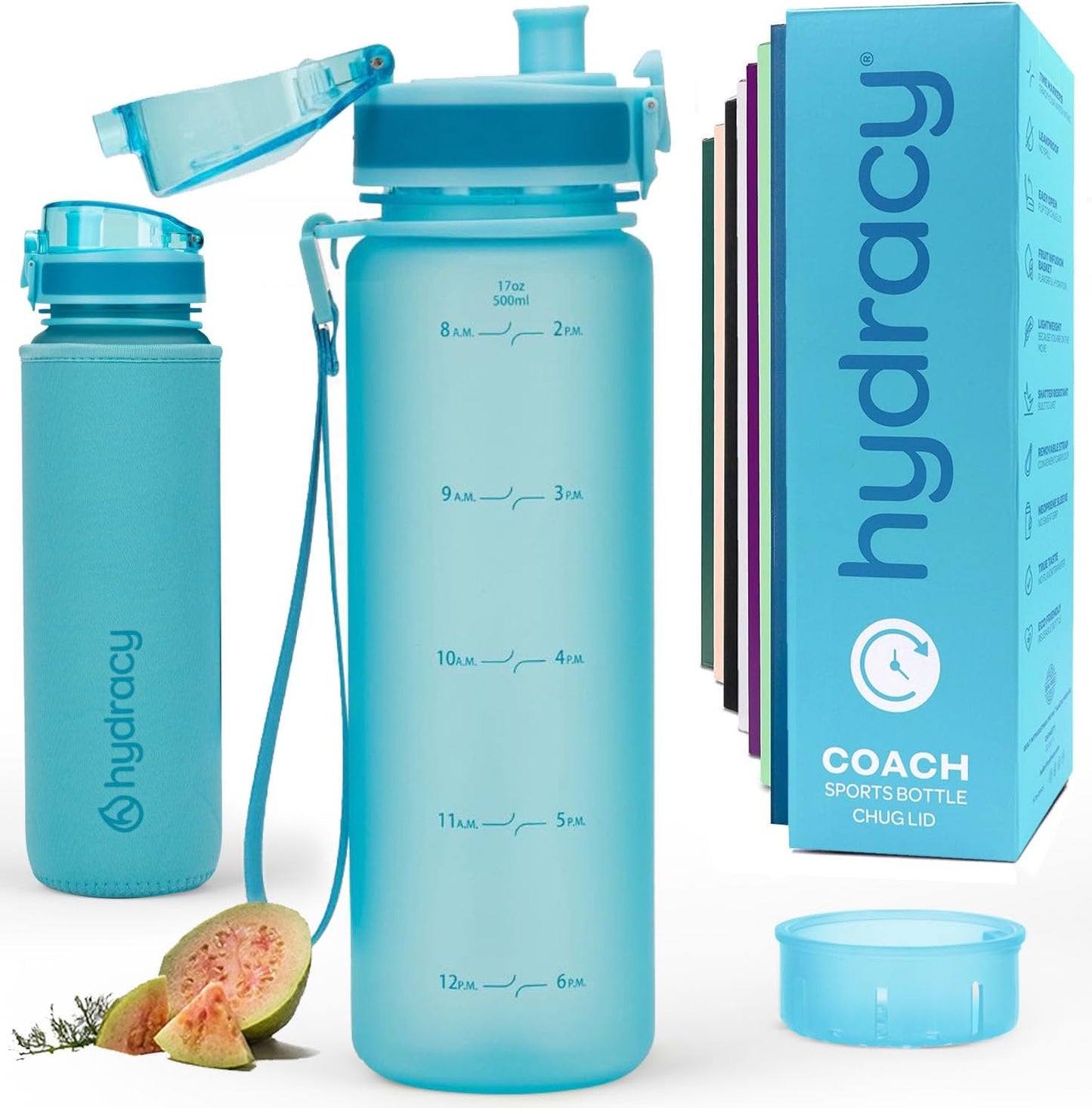 Hydracy Water Bottle with Time Marker -Large BPA Free Water Bottle & No Sweat Sleeve -Leak Proof Gym Bottle with Fruit Infuser Strainer & Times to Drink -Ideal for Fitness Sports & Outdoors