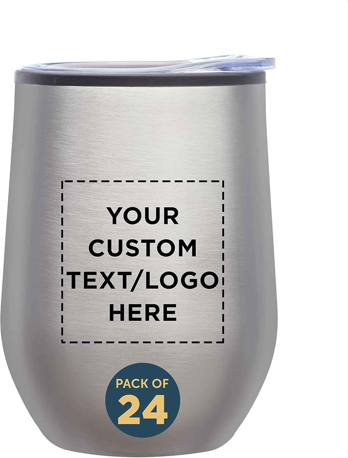 Custom Stemless Wine Tumblers 12 oz. Set of 24, Personalized Bulk Pack - Insulated, Perfect for Wine, Cocktails, Other Hot & Cold Beverages - Silver