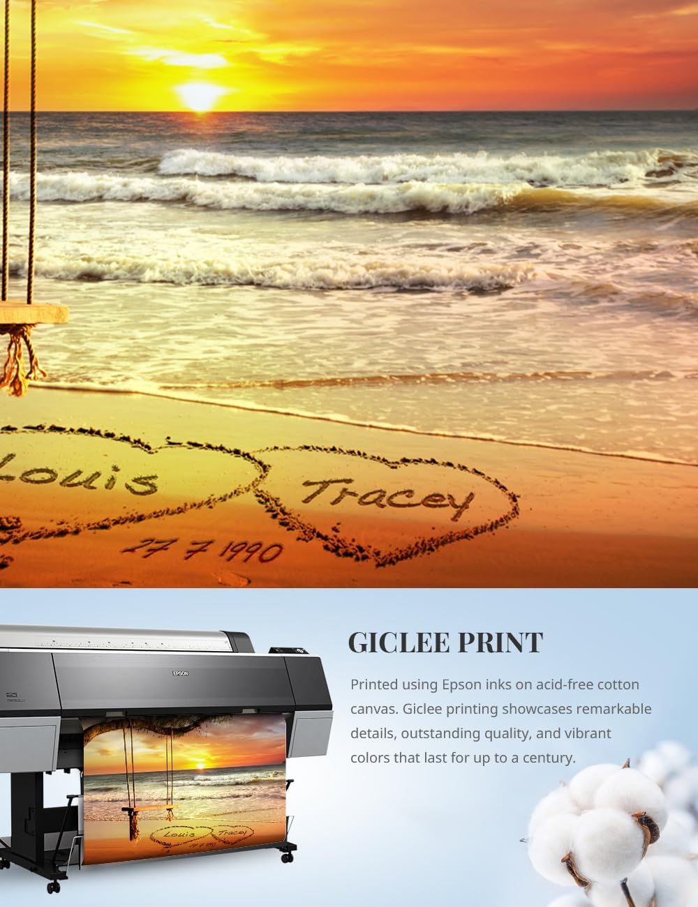 IPIC - "Eternal Love Personalized Canvas Wall Art, Custom Beach Sunset Scene with Solid Wood Frame, A Personalized Gift with Name and Date for Couple, Wedding, or Anniversary
