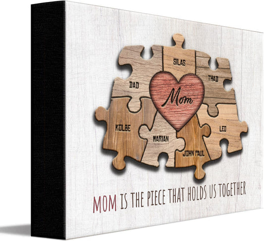 Personal-Prints MOM & Children Personalized HEART Puzzle Wall Art | Unique Customized with up to 8 Names | Mother’s Day, Birthday or Christmas Gift (8"x10" Easel Backed Canvas, 7 Children)