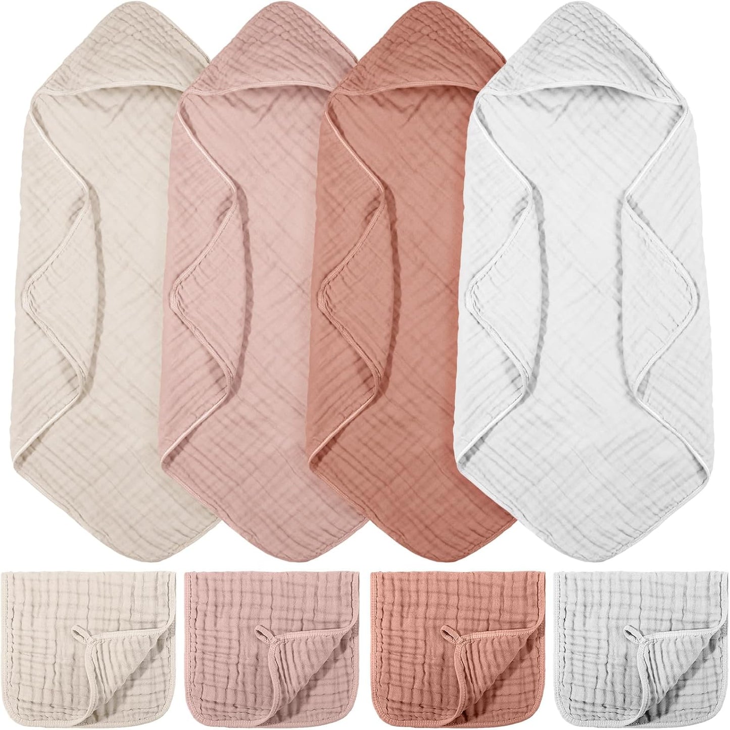 8 Pcs Baby Muslin Hooded Bath Towels and Washcloths, 32 x 32 Inch Muslin Cotton Hooded Baby Towels Absorbent Hooded Blankets for Gift Newborn Infant Shower (Pink,White)