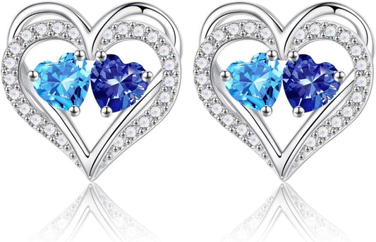Iefil Birthstone Earrings for Women - 925 Sterling Silver Heart Earrings Anniversary Birthday Gifts for Women Wife Girlfriend Mom