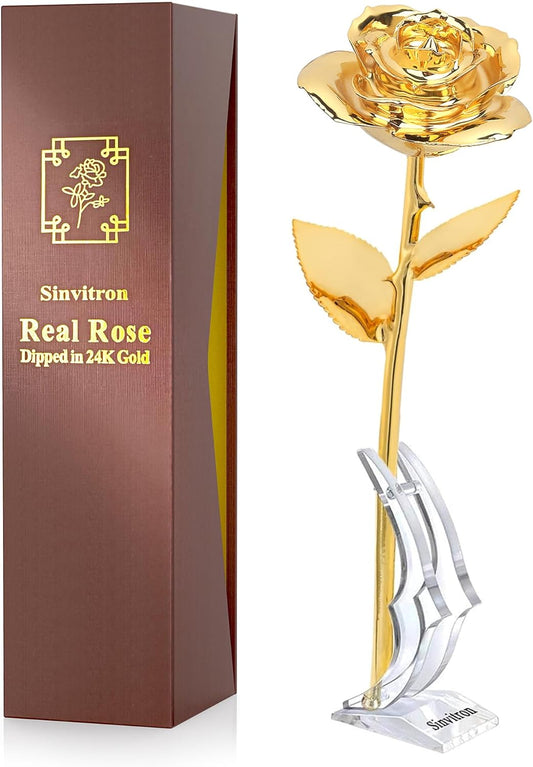 Sinvitron Gold Dipped Rose Real 24K Gold Rose, Hand Dipped One of a Kind Golden Roses, Romantic Gifts for Women on Birthday, Anniversary, Mother’s Day (Golden)