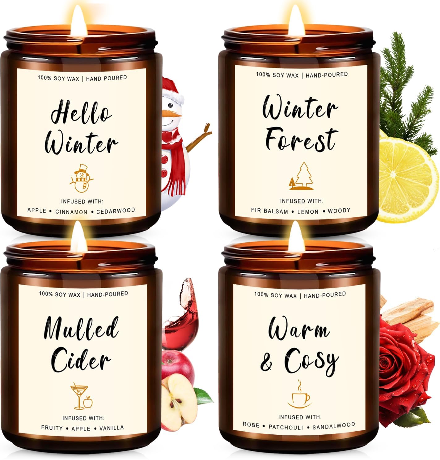 Christmas Scented Candle Gift Set for Women – 4 Pack Winter Soy Candles with Apple Cinnamon, Fir Balsam, Mulled Cider, Sandalwood – Holiday Gifts for Her, Home Décor