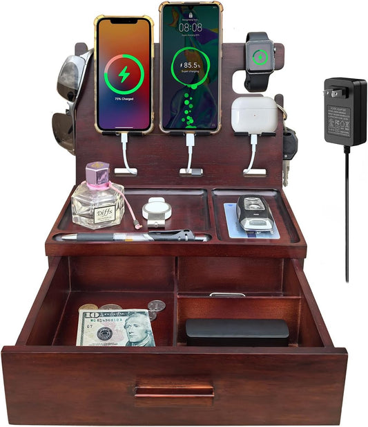 Wood Phone Docking Station with Drawer Nightstand Organizer Charging Station with QC 3.0 & PD USB C Fast Charger for iPhone Samsung Android Mens Jewelry Box Anniversary Birthday Gifts for Men