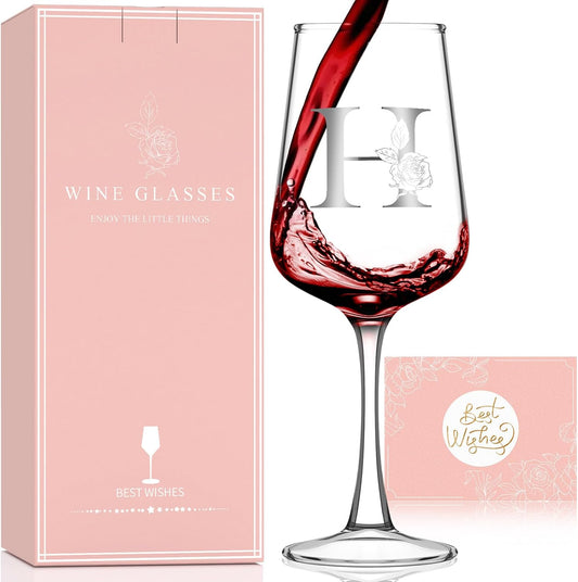 Monogrammed Wine Glass Gifts for Women - Personalized A-Z Wine Glasses with Gift Box & Greeting Card | Custom Mothers day, Anniversary, Birthday Gifts for Her, Mom, Wife, Best Friend, Sister,Woman (H)